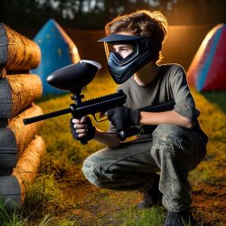 un joueur de paintball jeune entre 12 et 16 ans jouant de nuit sur un terrain en pelouse avec des obstacles en bois, tenant un Tippmann FT50